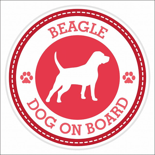 Dog on board BEAGLE ビーグル レッド 肉球マーク 直径13cm 丸型 シール カーステッカー