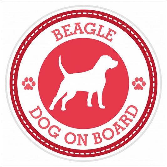 Dog on board BEAGLE ビーグル レッド 肉球マーク 直径13cm 丸型 シール カーステッカー
