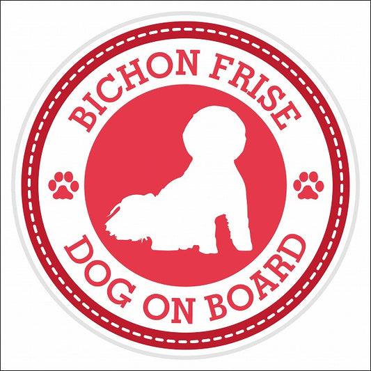 Dog on board Bichon Frise ビションフリーゼ レッド 肉球マーク 直径13cm 丸型 シール カーステッカー
