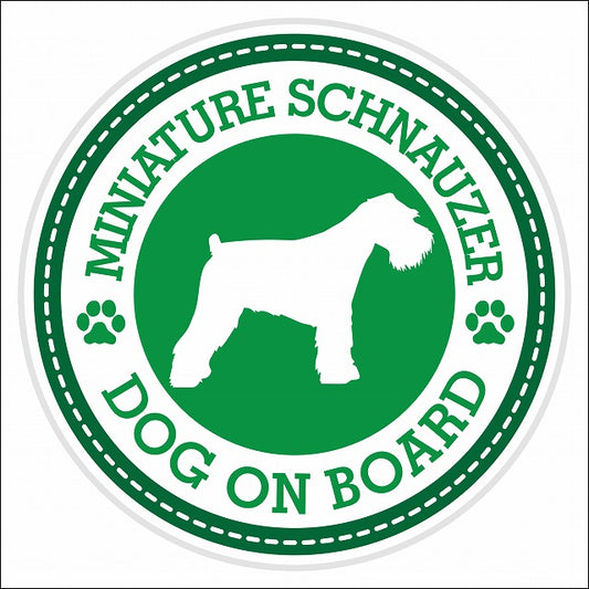 Dog on board MINIATURE SCHNAUZER ミニチュアシュナウザー グリーン 肉球マーク 直径13cm 丸型 シール カーステッカー