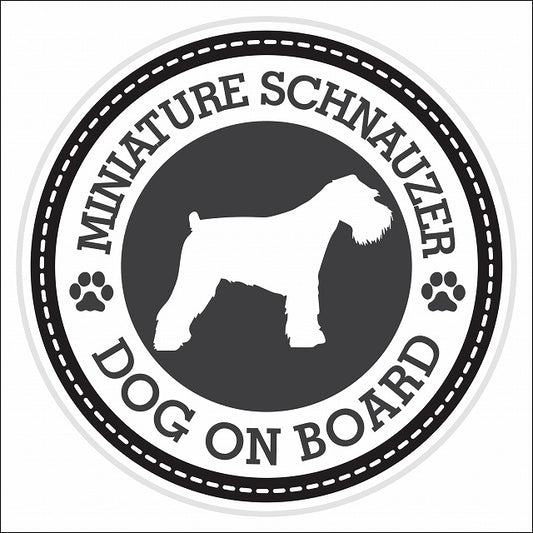 Dog on board MINIATURE SCHNAUZER ミニチュアシュナウザー ブラック 肉球マーク 直径13cm 丸型 シール カーステッカー