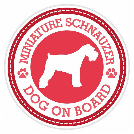 Dog on board MINIATURE SCHNAUZER ミニチュアシュナウザー レッド 肉球マーク 直径13cm 丸型 シール カーステッカー