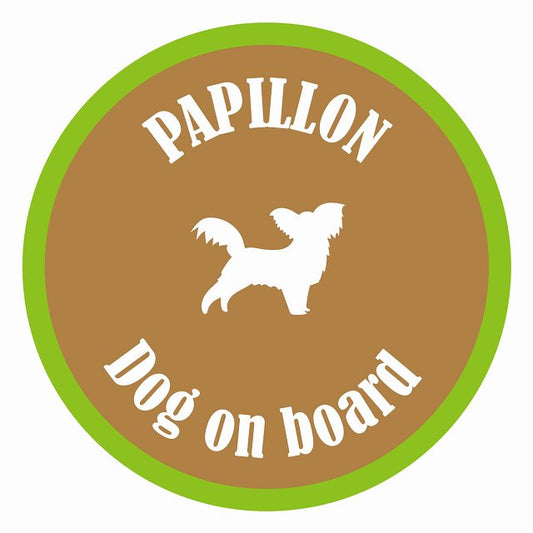 Dog on board カラフル パピヨン ブラウン＆グリーン 直径13cm 丸型 シール カーステッカー