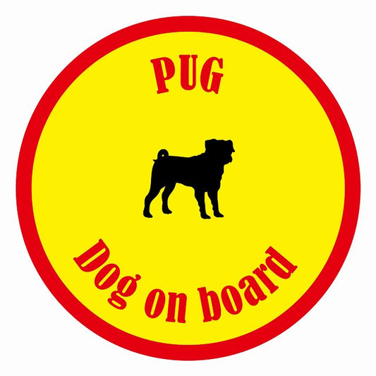 Dog on board カラフル パグ イエロー＆レッド 直径13cm 丸型 シール カーステッカー
