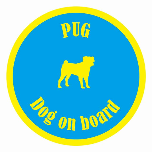 Dog on board カラフル パグ ブルー＆イエロー 直径13cm 丸型 シール カーステッカー