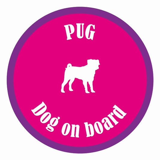 Dog on board カラフル パグ ピンク＆パープル 直径13cm 丸型 シール カーステッカー