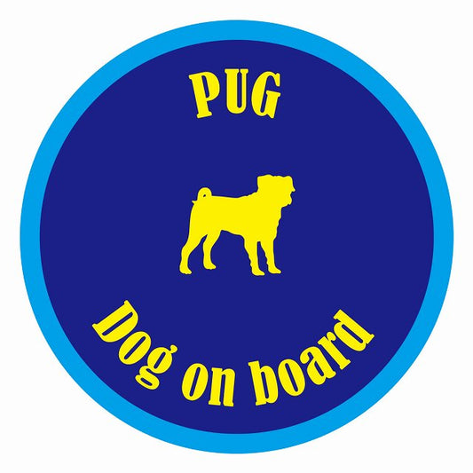 Dog on board カラフル パグ ネイビー＆ブルー 直径13cm 丸型 シール カーステッカー