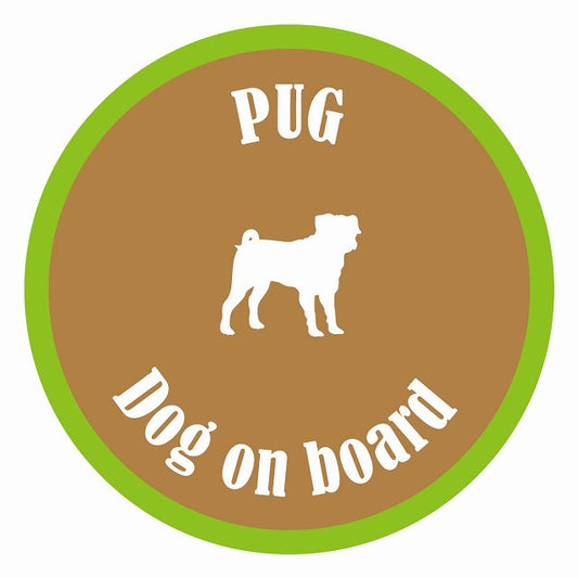 Dog on board カラフル パグ ブラウン＆グリーン 直径13cm 丸型 シール カーステッカー