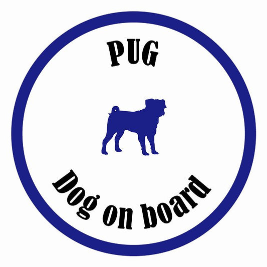 Dog on board カラフル パグ ホワイト＆ネイビー 直径13cm 丸型 シール カーステッカー