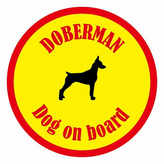 Dog on board カラフル ドーベルマン イエロー＆レッド 直径13cm 丸型 シール カーステッカー