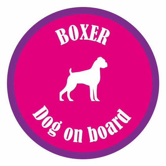 Dog on board カラフル ボクサー ピンク＆パープル 直径13cm 丸型 シール カーステッカー