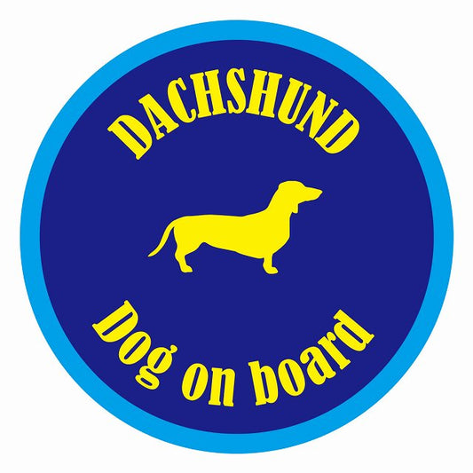 Dog on board カラフル ダックスフント ネイビー＆ブルー 直径13cm 丸型 シール カーステッカー