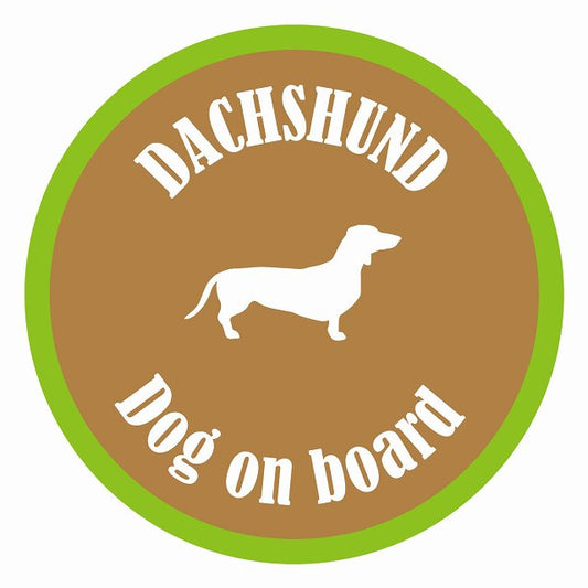 Dog on board カラフル ダックスフント ブラウン＆グリーン 直径13cm 丸型 シール カーステッカー