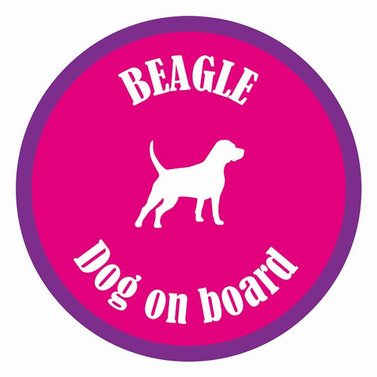 Dog on board カラフル ビーグル ピンク＆パープル 直径13cm 丸型 シール カーステッカー