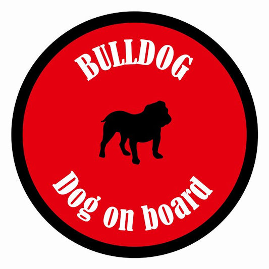 Dog on board カラフル ブルドッグ レッド＆ブラック 直径13cm 丸型 シール カーステッカー