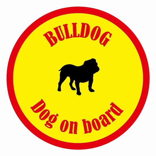 Dog on board カラフル ブルドッグ イエロー＆レッド 直径13cm 丸型 シール カーステッカー