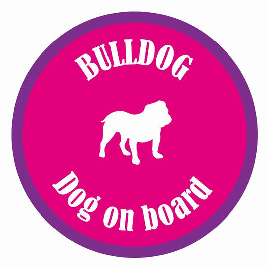 Dog on board カラフル ブルドッグ ピンク＆パープル 直径13cm 丸型 シール カーステッカー
