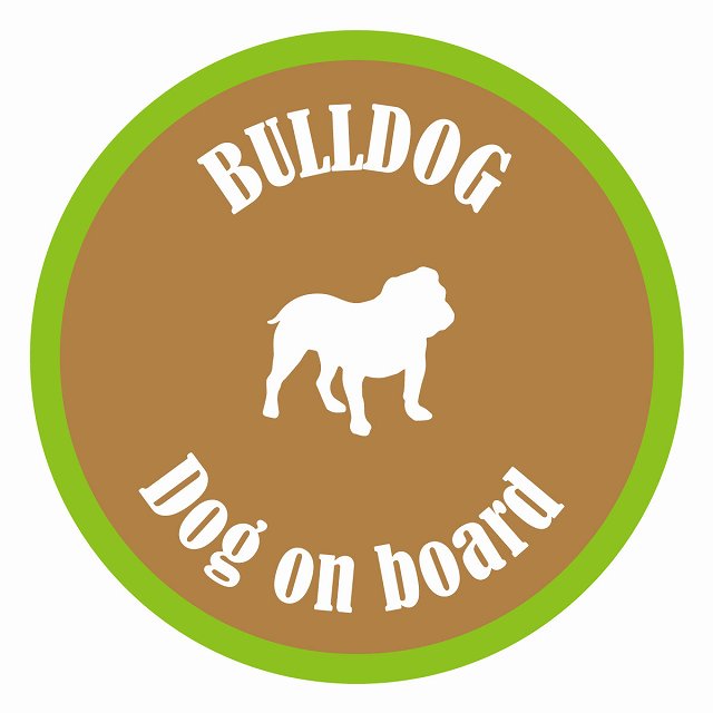 Dog on board カラフル ブルドッグ ブラウン＆グリーン 直径13cm 丸型 シール カーステッカー