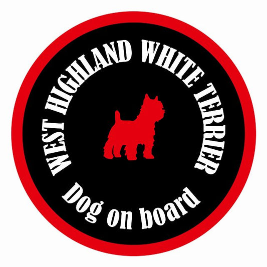 Dog on board カラフル ウエストハイランドホワイトテリア ブラック＆レッド 直径13cm 丸型 シール カーステッカー