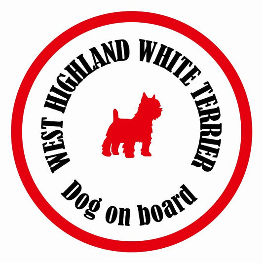 Dog on board カラフル ウエストハイランドホワイトテリア ホワイト＆レッド 直径13cm 丸型 シール カーステッカー