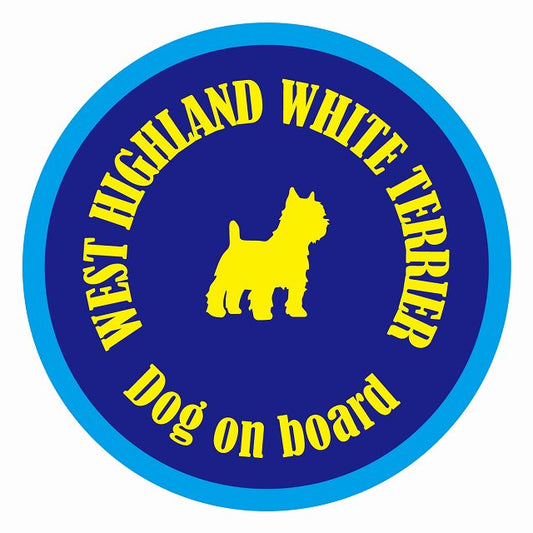 Dog on board カラフル ウエストハイランドホワイトテリア ネイビー＆ブルー 直径13cm 丸型 シール カーステッカー