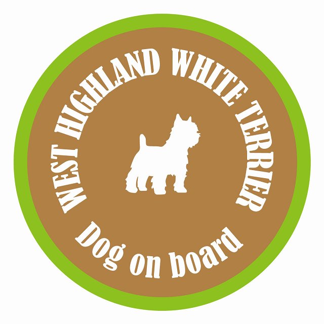 Dog on board カラフル ウエストハイランドホワイトテリア ブラウン＆グリーン 直径13cm 丸型 シール カーステッカー
