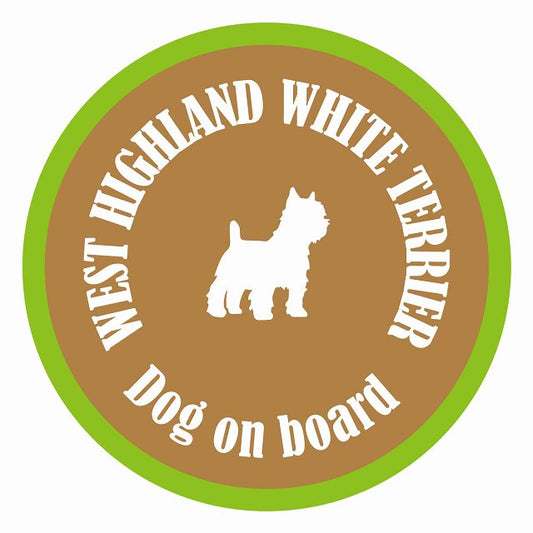 Dog on board カラフル ウエストハイランドホワイトテリア ブラウン＆グリーン 直径13cm 丸型 シール カーステッカー
