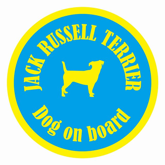 Dog on board カラフル ジャックラッセルテリア ブルー＆イエロー 直径13cm 丸型 シール カーステッカー