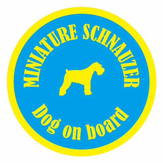 Dog on board カラフル ミニチュアシュナウザー ブルー＆イエロー 直径13cm 丸型 シール カーステッカー