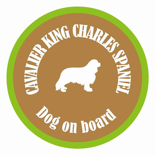 Dog on board カラフル キャバリアキングチャールズスパニエル ブラウン＆グリーン 直径13cm 丸型 シール カーステッカー