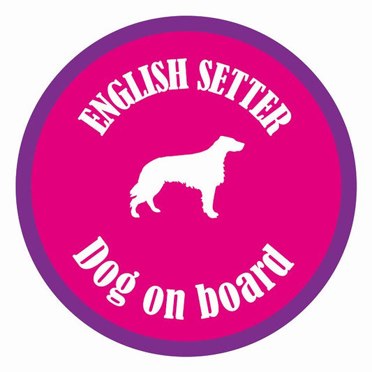 Dog on board カラフル イングリッシュセター ピンク＆パープル 直径13cm 丸型 シール カーステッカー