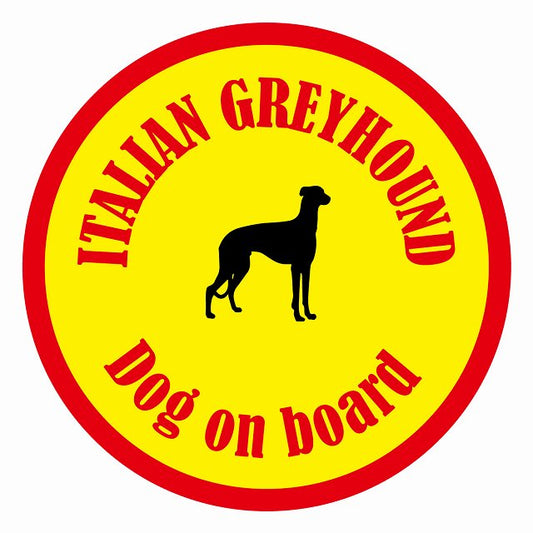 Dog on board カラフル イタリアングレーハウンド イエロー＆レッド 直径13cm 丸型 シール カーステッカー