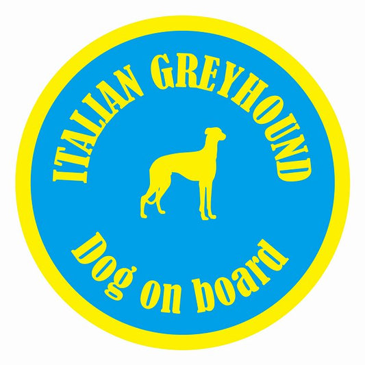 Dog on board カラフル イタリアングレーハウンド ブルー＆イエロー 直径13cm 丸型 シール カーステッカー