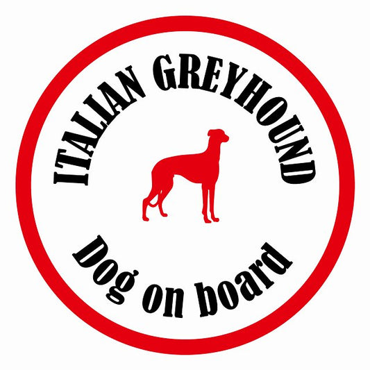 Dog on board カラフル イタリアングレーハウンド ホワイト＆レッド 直径13cm 丸型 シール カーステッカー