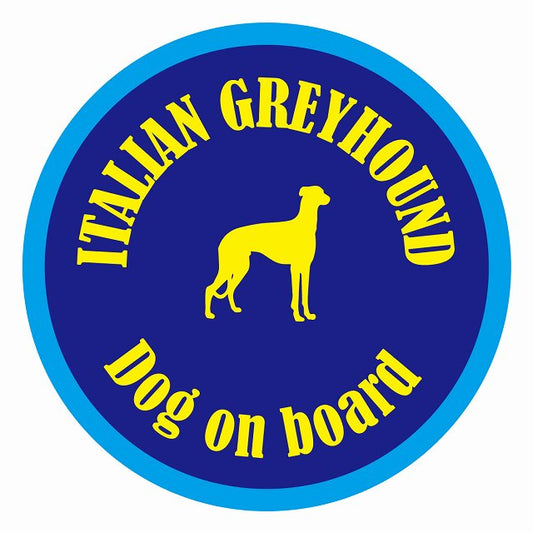 Dog on board カラフル イタリアングレーハウンド ネイビー＆ブルー 直径13cm 丸型 シール カーステッカー