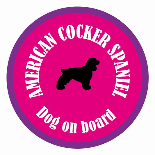 Dog on board カラフル アメリカンコッカースパニエル ピンク＆パープル 直径13cm 丸型 シール カーステッカー