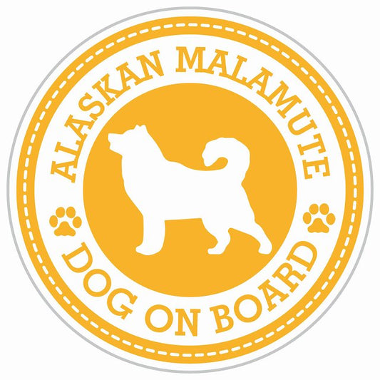 Dog on board ALASKAN MALAMUTE アラスカンマラミュート イエロー 肉球マーク 直径13cm 丸型 シール カーステッカー