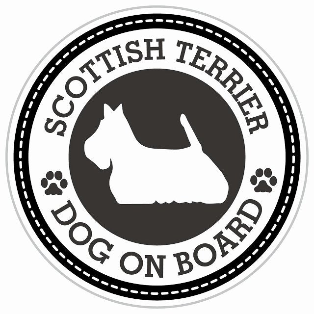 Dog on board SCOTTISH TERRIER スコティッシュテリア ブラック 肉球マーク 直径13cm 丸型 シール カーステッカー
