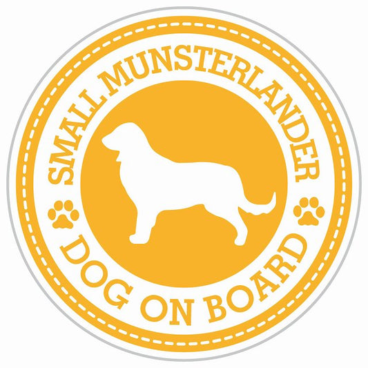 Dog on board SMALL MUNSTERLANDER スモールミュンスターレンダー イエロー 肉球マーク 直径13cm 丸型 シール カーステッカー