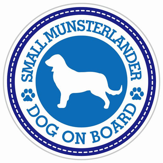 Dog on board SMALL MUNSTERLANDER スモールミュンスターレンダー ブルー 肉球マーク 直径13cm 丸型 シール カーステッカー