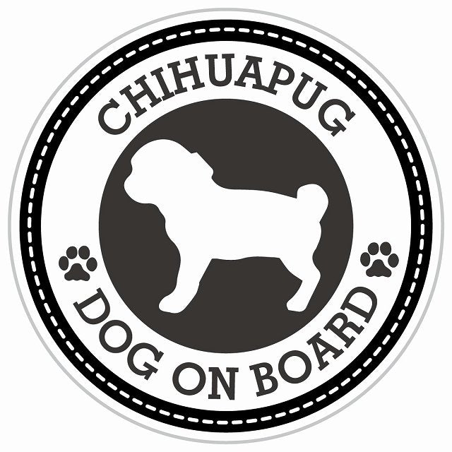 Dog on board CHIHUAPUG チワパグ ブラック 肉球マーク 直径13cm 丸型 シール カーステッカー