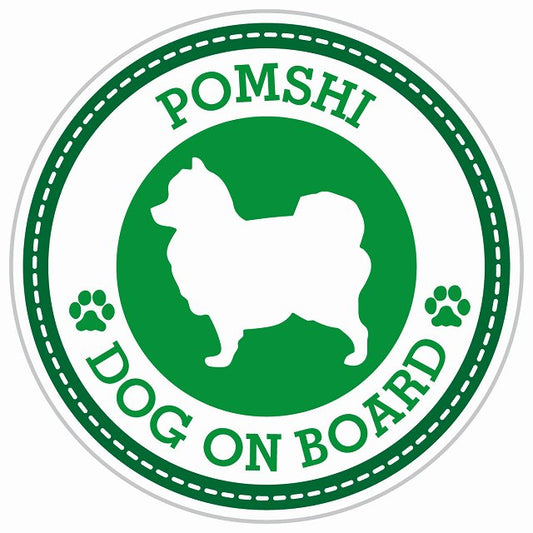 Dog on board POMSHI ポメ柴 グリーン 肉球マーク 直径13cm 丸型 シール カーステッカー