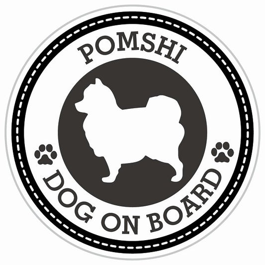 Dog on board POMSHI ポメ柴 ブラック 肉球マーク 直径13cm 丸型 シール カーステッカー