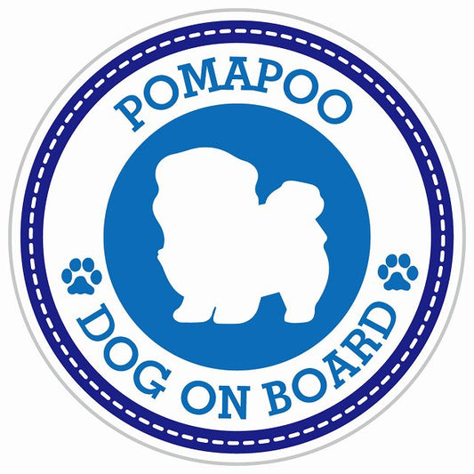 Dog on board POMAPOO ポメプー ブルー 肉球マーク 直径13cm 丸型 シール カーステッカー