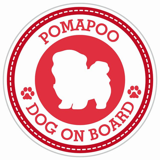 Dog on board POMAPOO ポメプー レッド 肉球マーク 直径13cm 丸型 シール カーステッカー