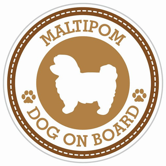 Dog on board MALTIPOM ポメマル ブラウン 肉球マーク 直径13cm 丸型 シール カーステッカー