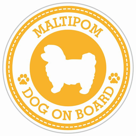 Dog on board MALTIPOM ポメマル イエロー 肉球マーク 直径13cm 丸型 シール カーステッカー