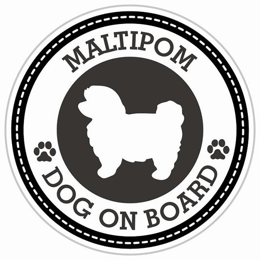Dog on board MALTIPOM ポメマル ブラック 肉球マーク 直径13cm 丸型 シール カーステッカー