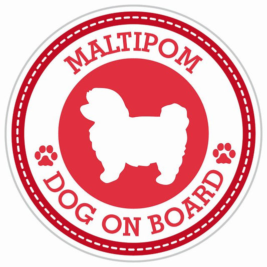 Dog on board MALTIPOM ポメマル レッド 肉球マーク 直径13cm 丸型 シール カーステッカー