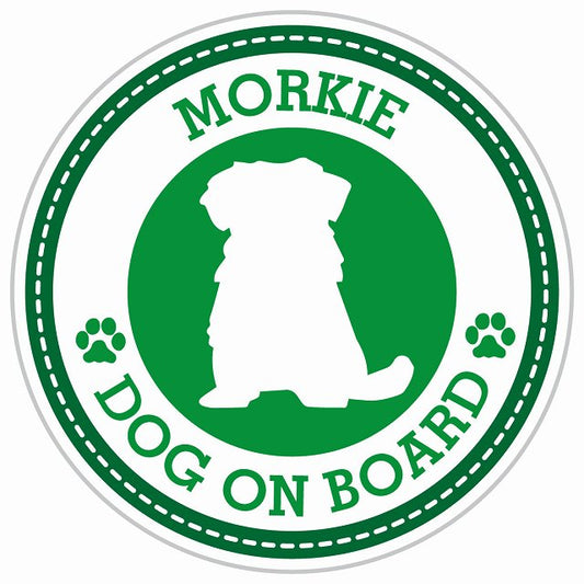 Dog on board MORKIE マルーキー グリーン 肉球マーク 直径13cm 丸型 シール カーステッカー